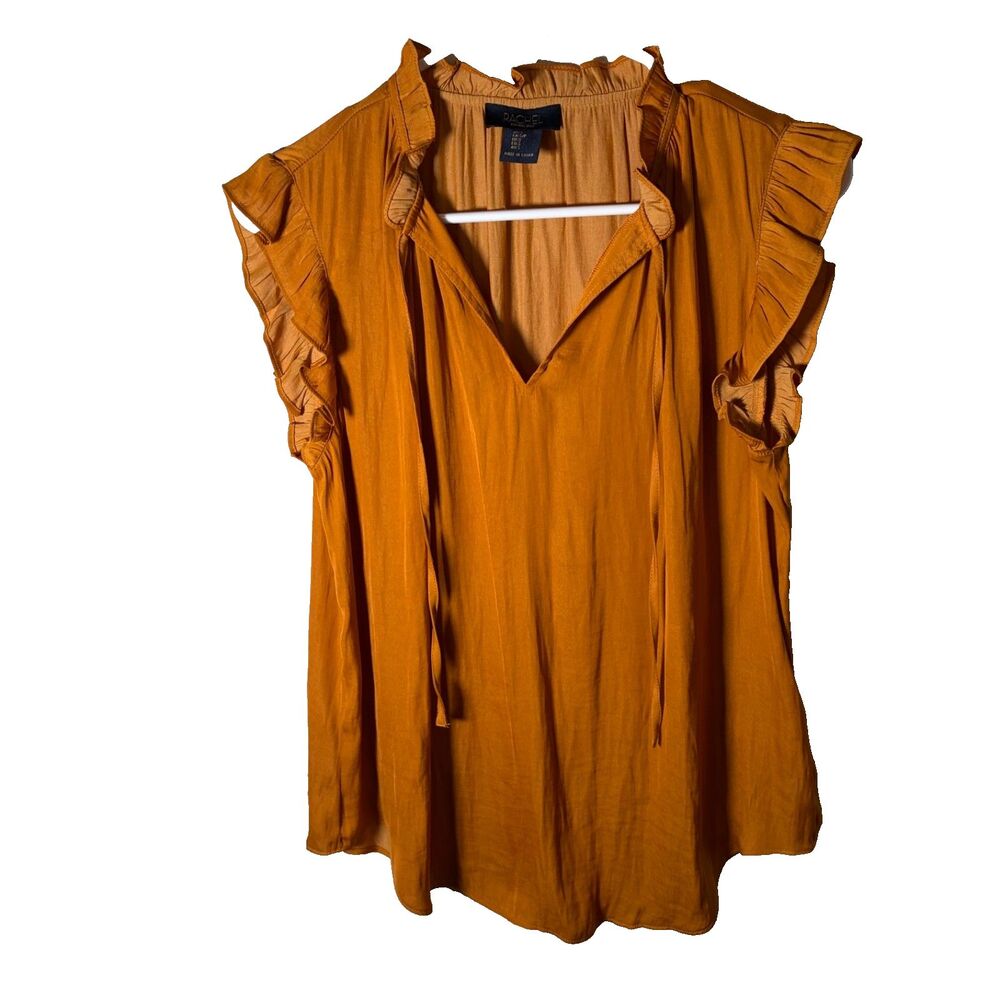 Rachel Roy Blouse Women's Small Mustard V-Neck Ruffle Short Sleeve Tie Top